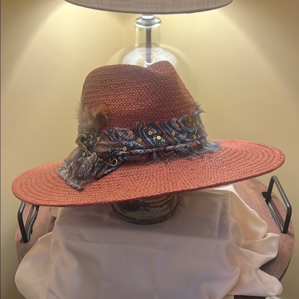 Elegant Rust Straw Hat with Paisley Band